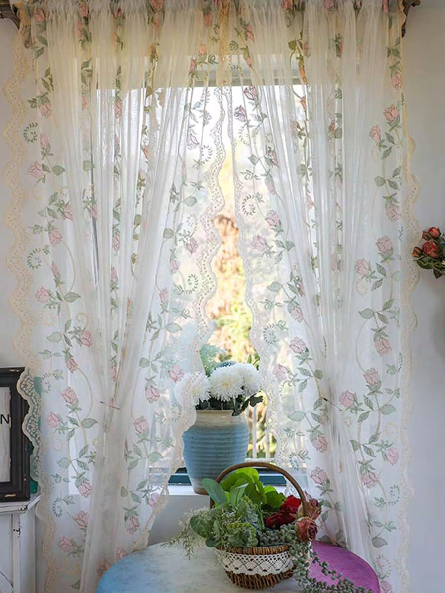 1pc French Pastoral Embroidered Sheer Curtain, No Drilling Required For Balcony, Bedroom, Suitable For Multiple Occasions