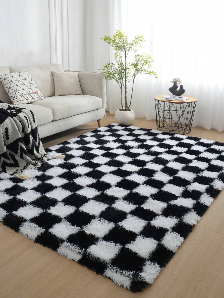 1pc Checkered Plush Carpet, Suitable For Living Room, Bedroom, Etc. Soft & Fluffy, Skin-Friendly, Machine Washable, Easy To Clean